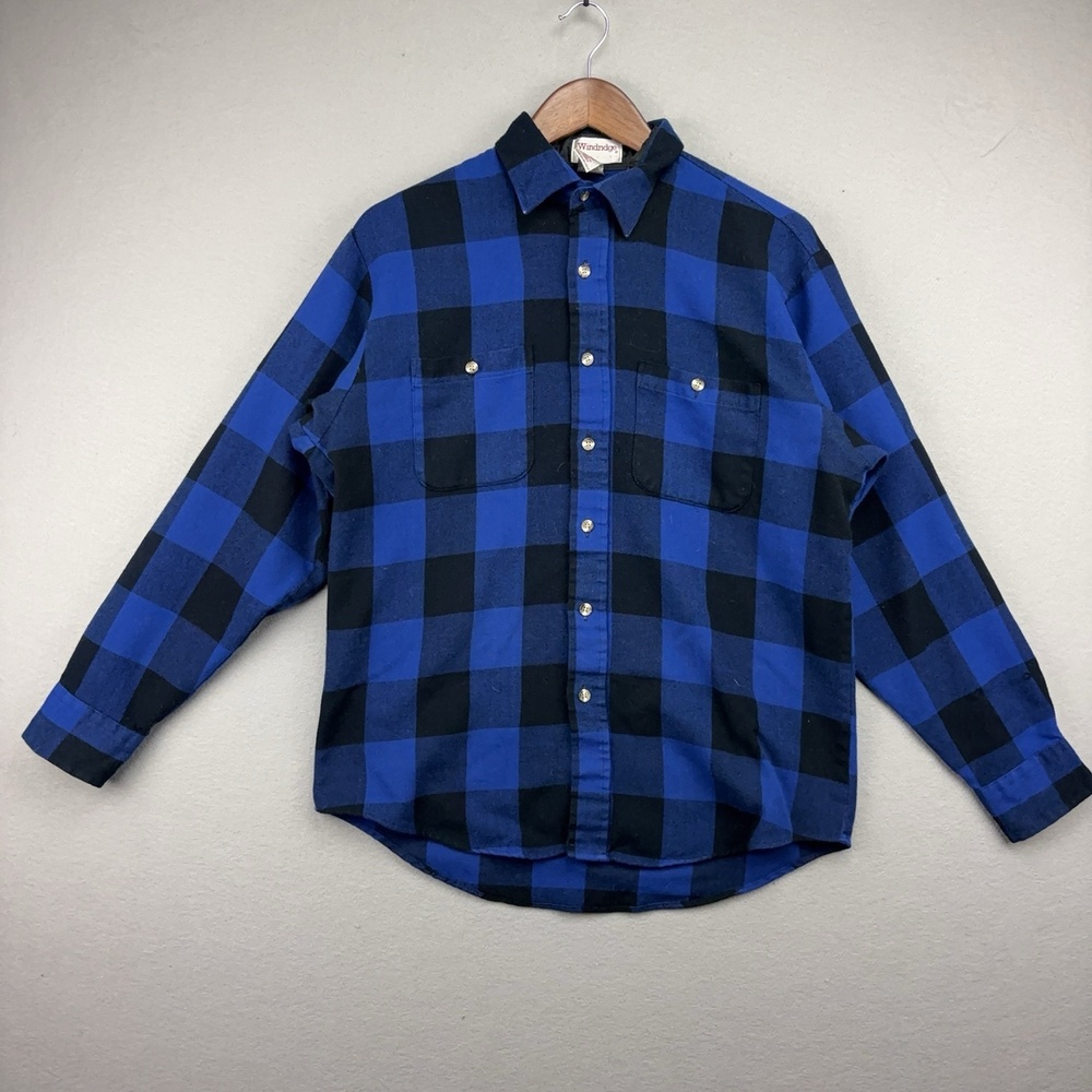 Vintage Windridge Shirt Mens M Blue Black Plaid Flannel Button-Up Long Sleeve